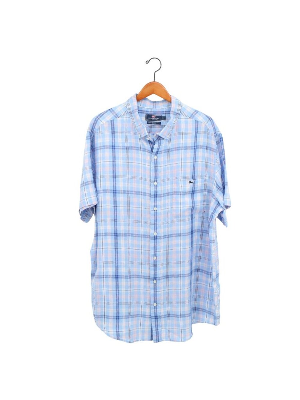 Vineyard Vines Classic Fit Linen Blue Plaid Short Slv Tucker Shirt XLT XL Tall